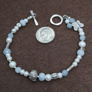 Gemstone Aquamarine Pearl Sterling Silver Accents Toggle Bracelet